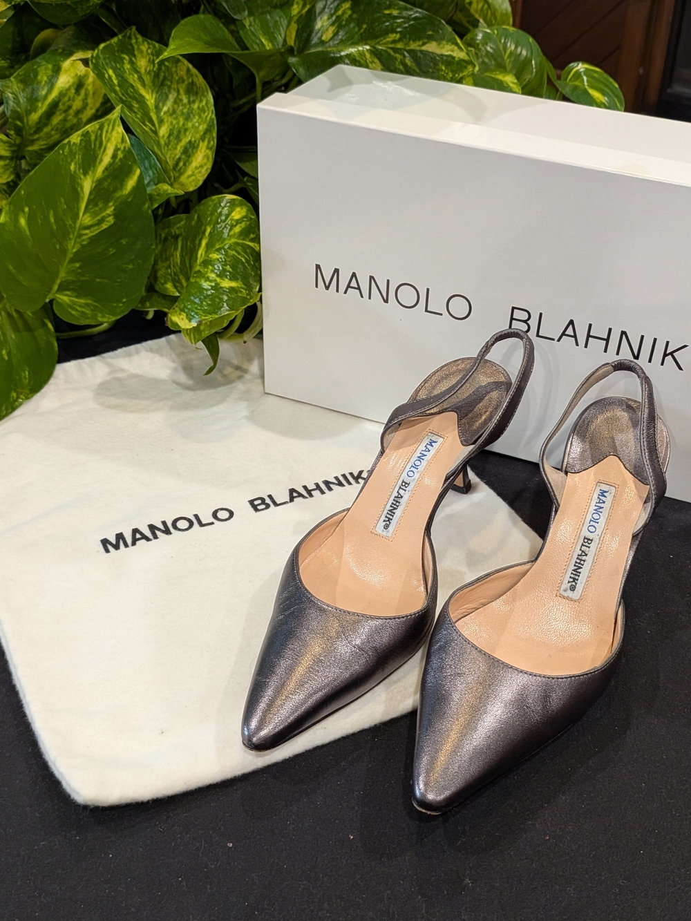 Manolo Blahnik Metallic Pewter Slingback Pumps